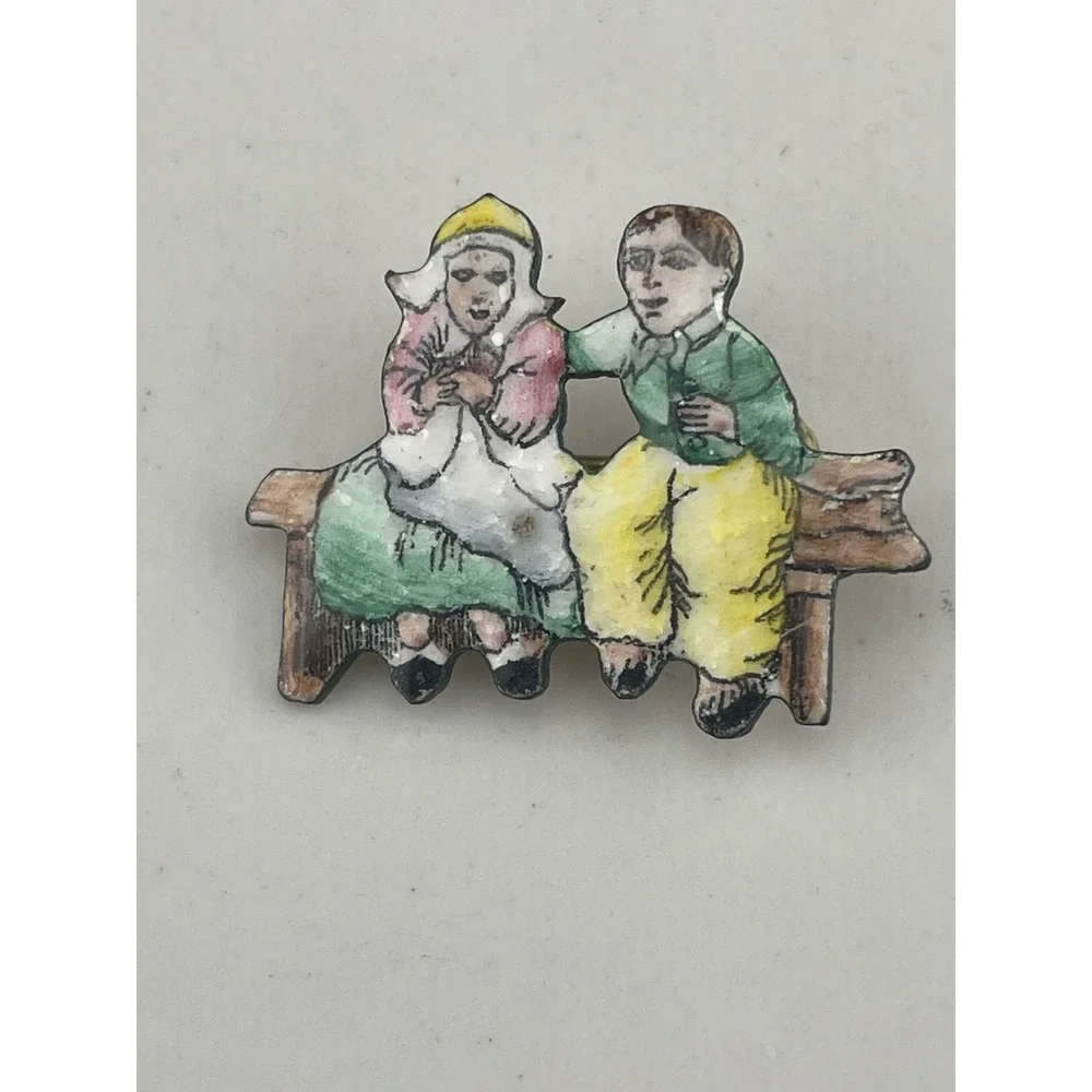 Vintage Czech Figural Brooch Couple on Bench Hand Painted Enamel Pin Vintage